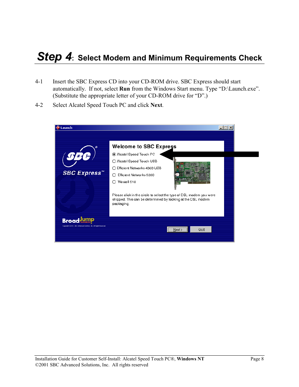 Step 4, Select modem and minimum requirements check | SBC comm PCNT02 User Manual | Page 9 / 32