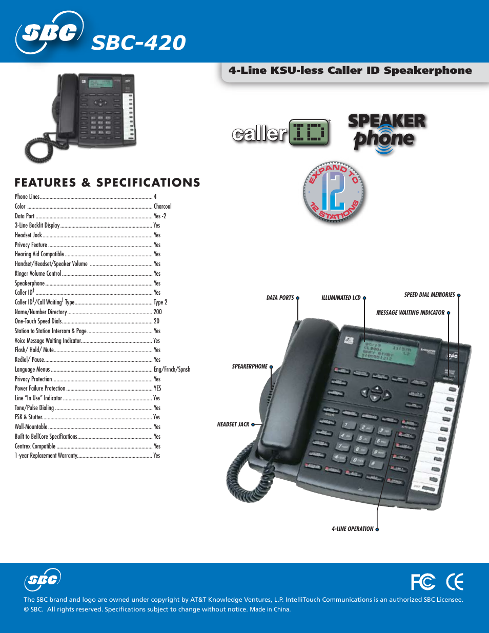 Sbc-420, Features & specifications, Line ksu-less caller id speakerphone | SBC comm SBC-420 User Manual | Page 2 / 2