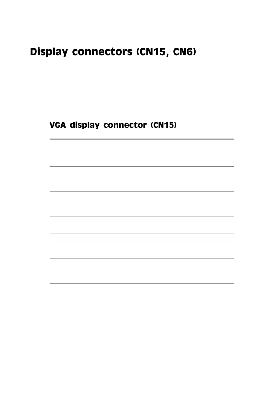 Display connectors (cn15, cn6), Vga display connector (cn15) | SBC comm AMD SBC-770 User Manual | Page 48 / 111