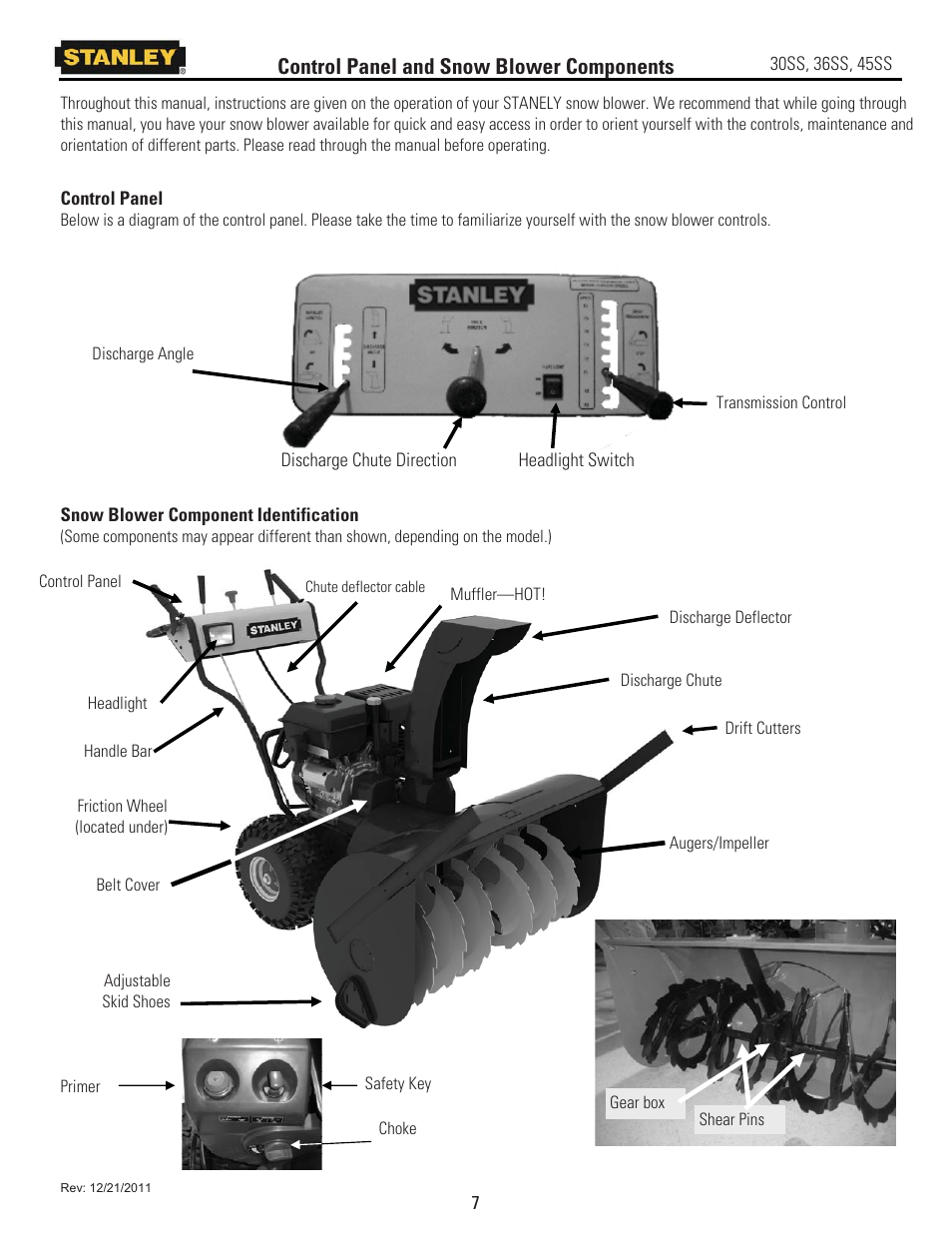Control panel and snow blower components | Stanley Black & Decker 45SS User Manual | Page 12 / 34