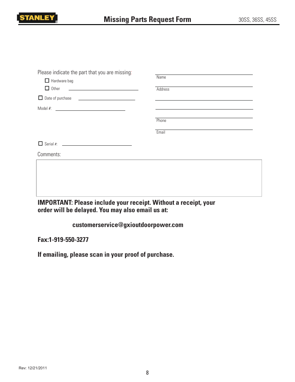 Missing parts request form | Stanley Black & Decker 45SS User Manual | Page 13 / 34