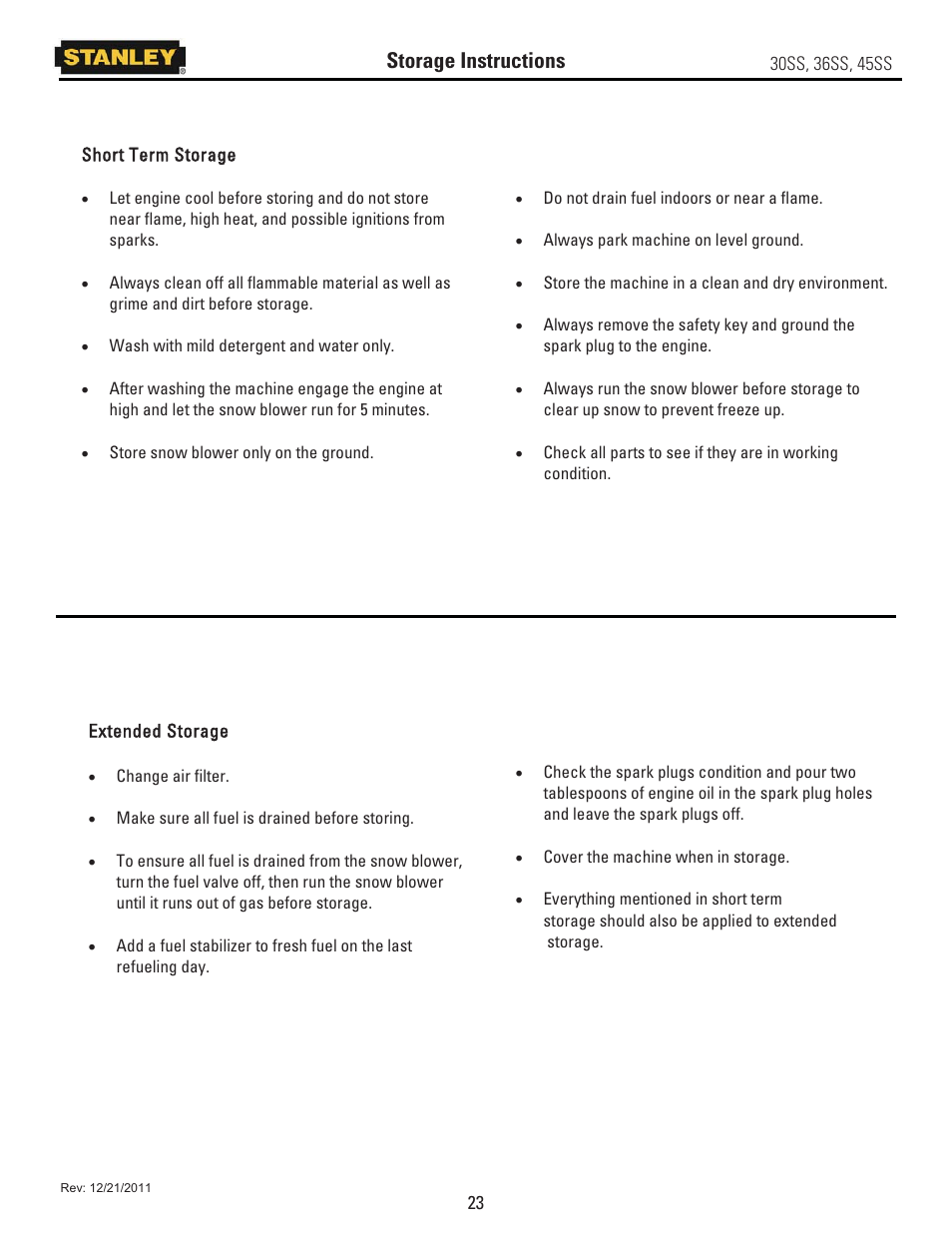 Storage instructions | Stanley Black & Decker 45SS User Manual | Page 28 / 34