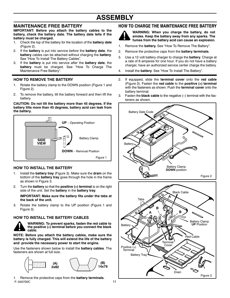 Assembly, Maintenance free battery, How to charge the maintenance free battery | Stanley Black & Decker 387002x92NA User Manual | Page 11 / 52