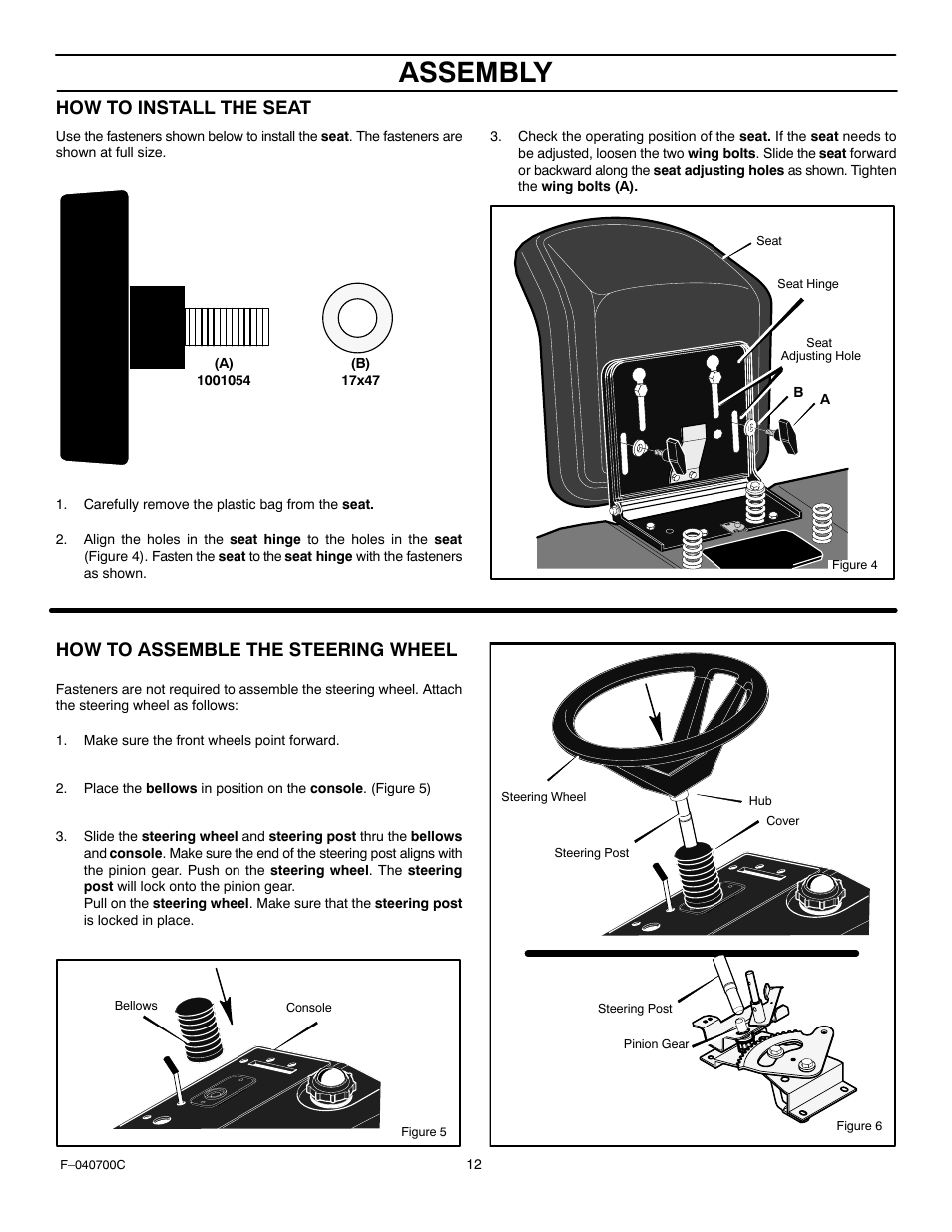 Assembly, How to install the seat, How to assemble the steering wheel | Stanley Black & Decker 387002x92NA User Manual | Page 12 / 52