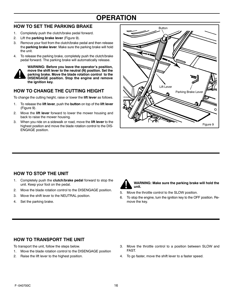 Operation, How to set the parking brake, How to change the cutting height | How to stop the unit, How to transport the unit | Stanley Black & Decker 387002x92NA User Manual | Page 16 / 52