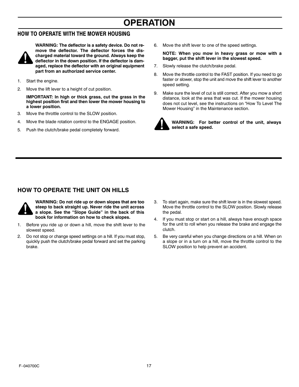 Operation, How to operate with the mower housing, How to operate the unit on hills | Stanley Black & Decker 387002x92NA User Manual | Page 17 / 52