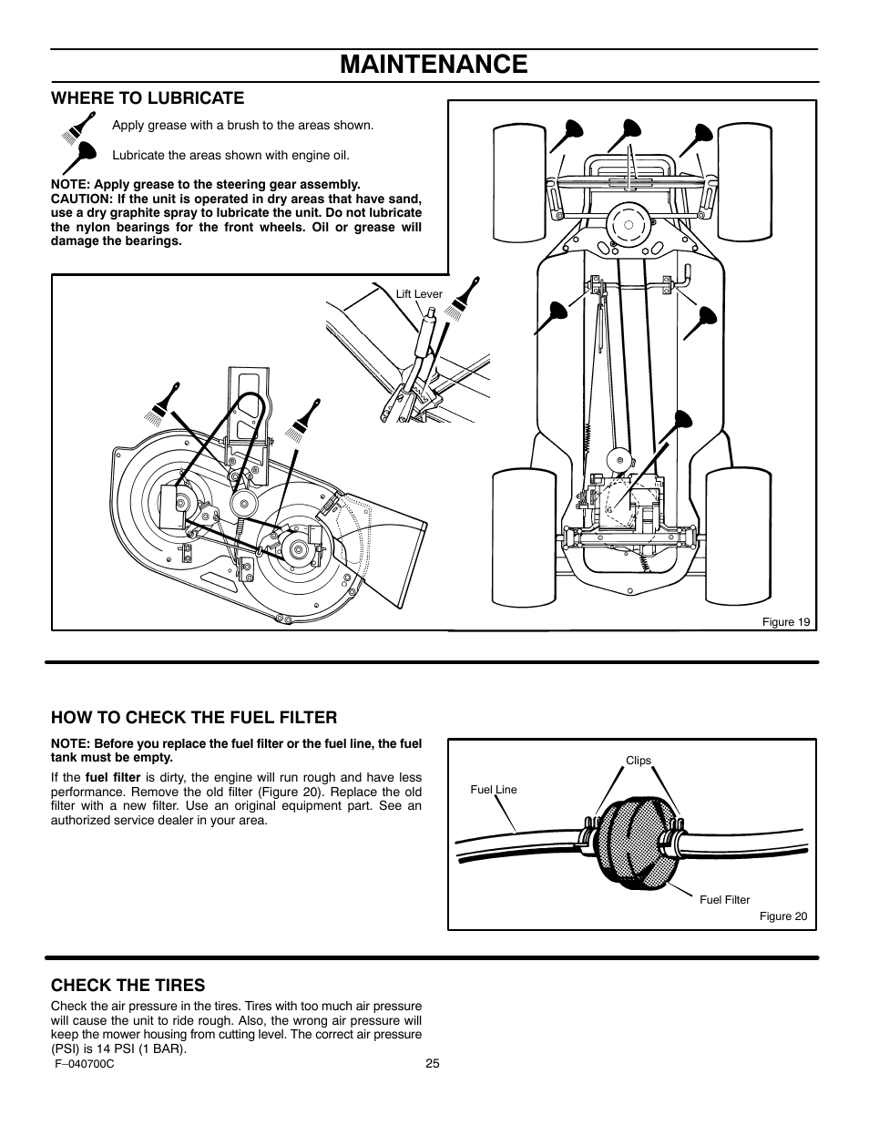 Maintenance, Where to lubricate, How to check the fuel filter | Check the tires | Stanley Black & Decker 387002x92NA User Manual | Page 25 / 52