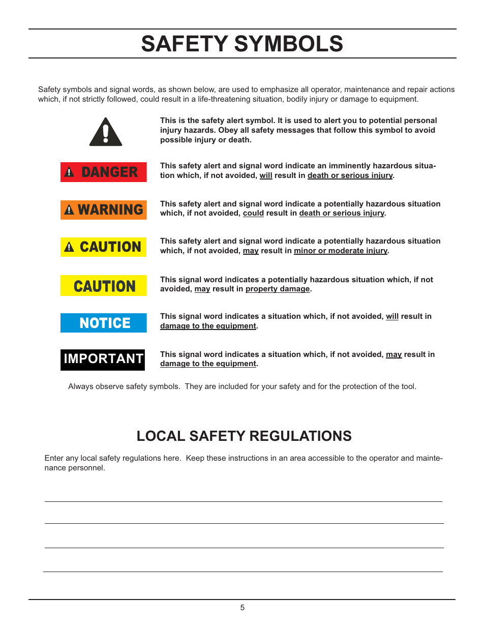 Safety symbols, Local safety regulations, Caution warning danger notice | Important | Stanley Black & Decker HD45 User Manual | Page 5 / 24