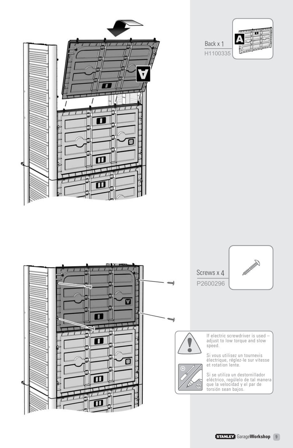 Screws x | Stanley Black & Decker Stanley Garage Workshop T3 User Manual | Page 9 / 16