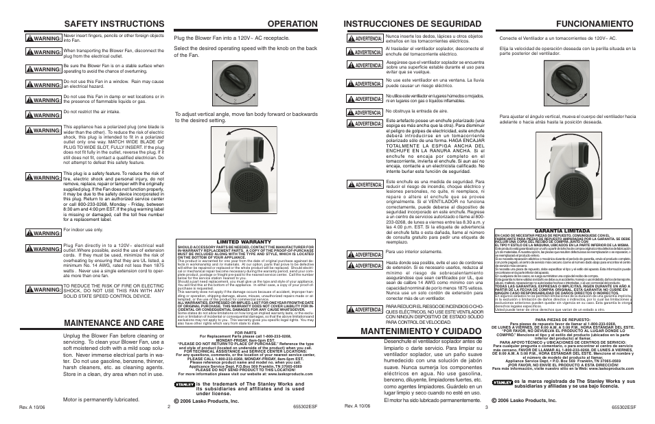 Maintenance and care, Safety instructions operation, Instrucciones de seguridad | Mantenimiento y cuidado funcionamiento | Stanley Black & Decker 655302 User Manual | Page 2 / 2