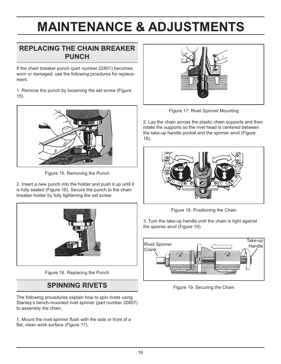 Maintenance & adjustments, Replacing the chain breaker punch, Spinning rivets | Stanley Black & Decker DS06 User Manual | Page 16 / 33