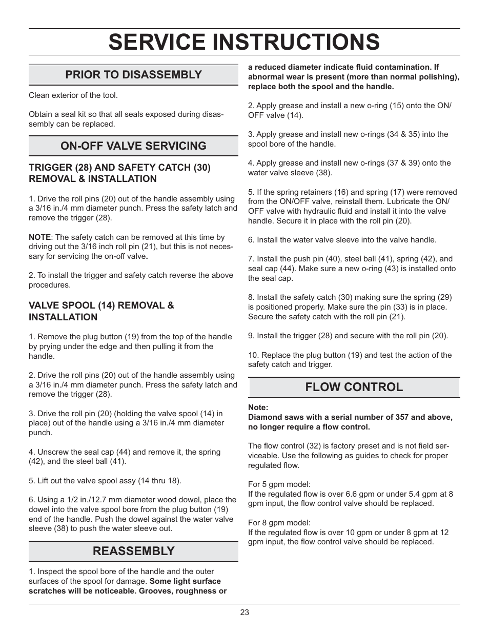 Service instructions, Reassembly, Flow control | Prior to disassembly, On-off valve servicing | Stanley Black & Decker DS06 User Manual | Page 23 / 33