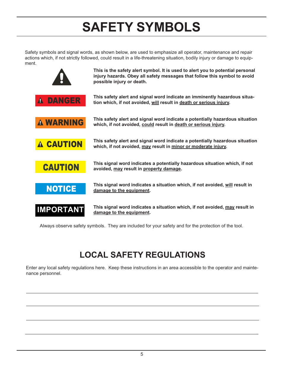 Safety symbols, Local safety regulations, Caution warning danger notice | Important | Stanley Black & Decker DS06 User Manual | Page 5 / 33