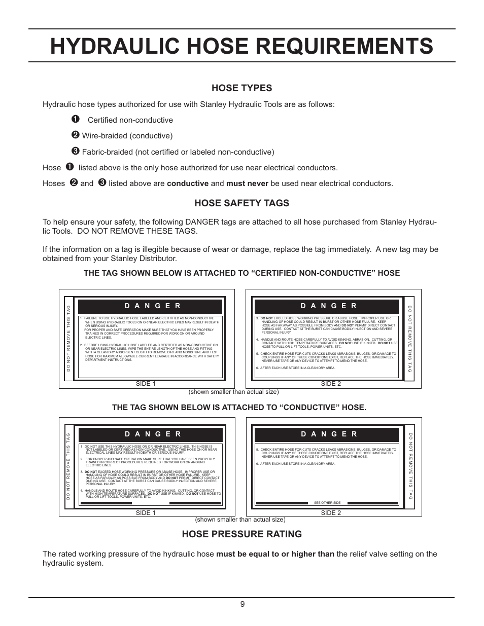 Hydraulic hose requirements, Hose types, Hose safety tags | Hose pressure rating, Certiﬁ ed non-conductive, Wire-braided (conductive) | Stanley Black & Decker DS06 User Manual | Page 9 / 33
