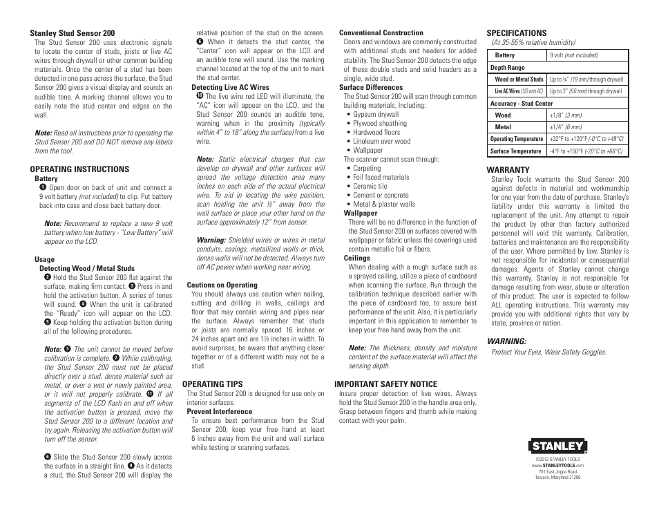 Stanley Black & Decker Stanley Stud Sensor S200 User Manual | Page 2 / 4