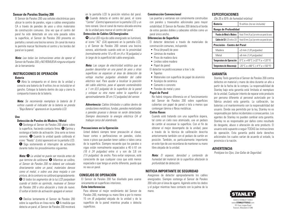 Stanley Black & Decker Stanley Stud Sensor S200 User Manual | Page 3 / 4