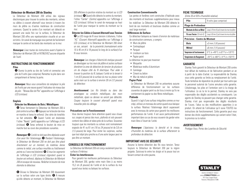 Stanley Black & Decker Stanley Stud Sensor S200 User Manual | Page 4 / 4