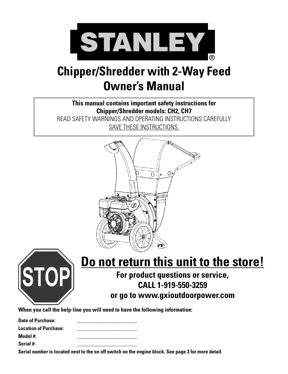 Stanley Black & Decker Stanley Chipper/Shredder With 2-Way Feed CH2 User Manual | 20 pages