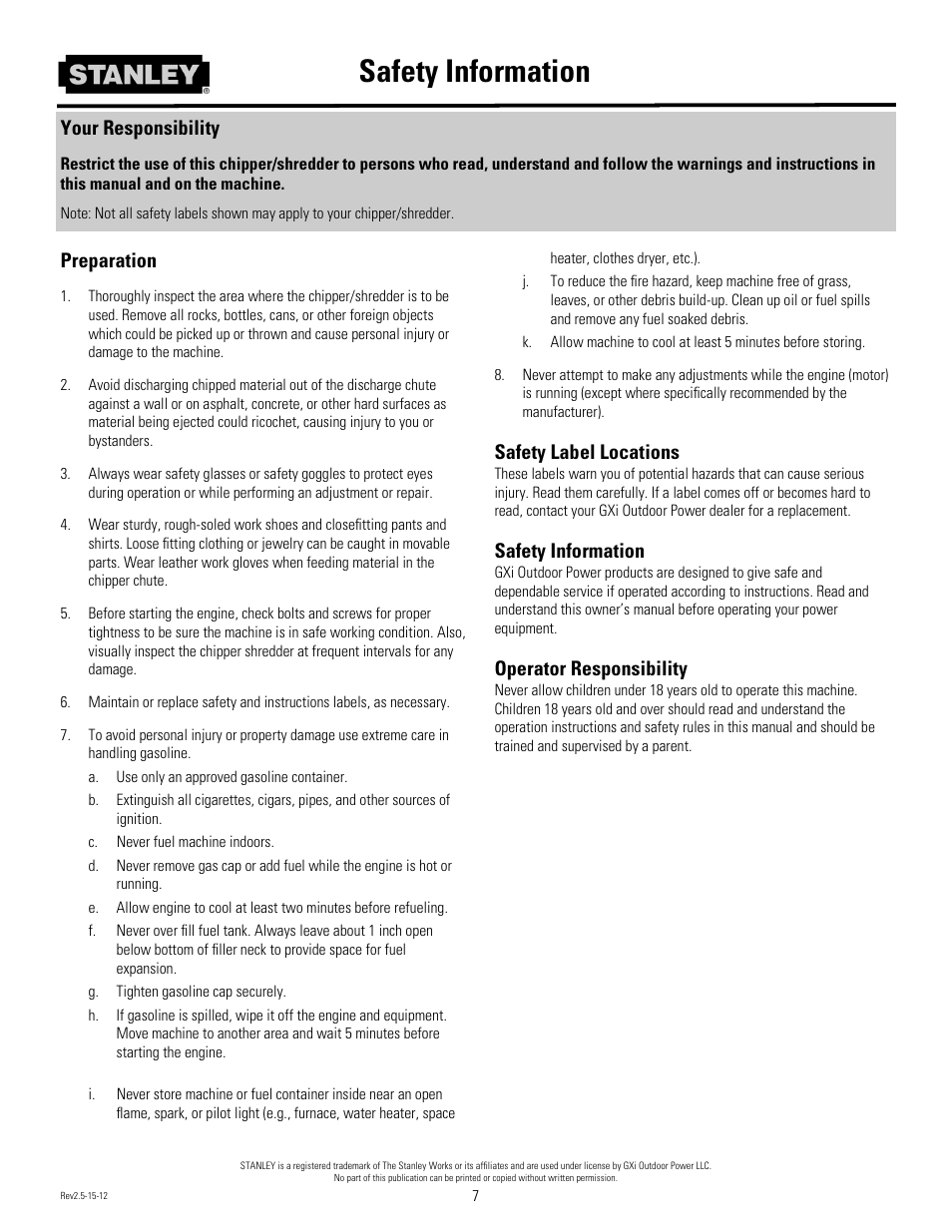 Preparation, Safety label locations, Safety information | Operator responsibility, Your responsibility | Stanley Black & Decker Stanley Chipper/Shredder With 2-Way Feed CH2 User Manual | Page 10 / 20