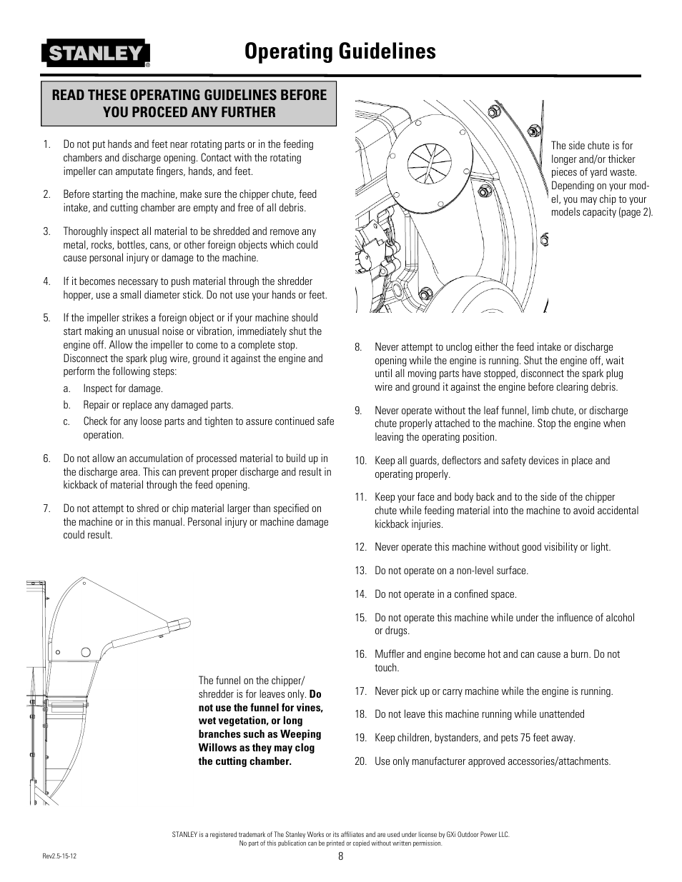 Operating guidelines | Stanley Black & Decker Stanley Chipper/Shredder With 2-Way Feed CH2 User Manual | Page 11 / 20