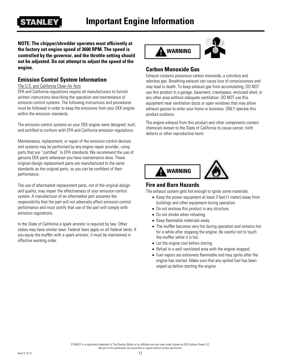Important engine information, Emission control system information, Carbon monoxide gas | Fire and burn hazards, Warning | Stanley Black & Decker Stanley Chipper/Shredder With 2-Way Feed CH2 User Manual | Page 14 / 20