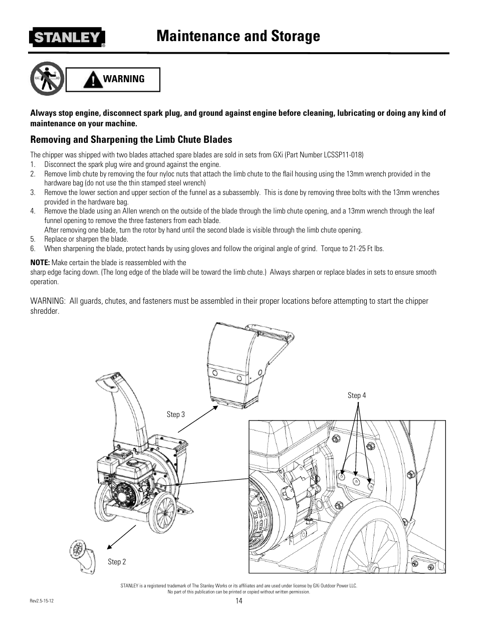 Maintenance and storage, Removing and sharpening the limb chute blades | Stanley Black & Decker Stanley Chipper/Shredder With 2-Way Feed CH2 User Manual | Page 17 / 20