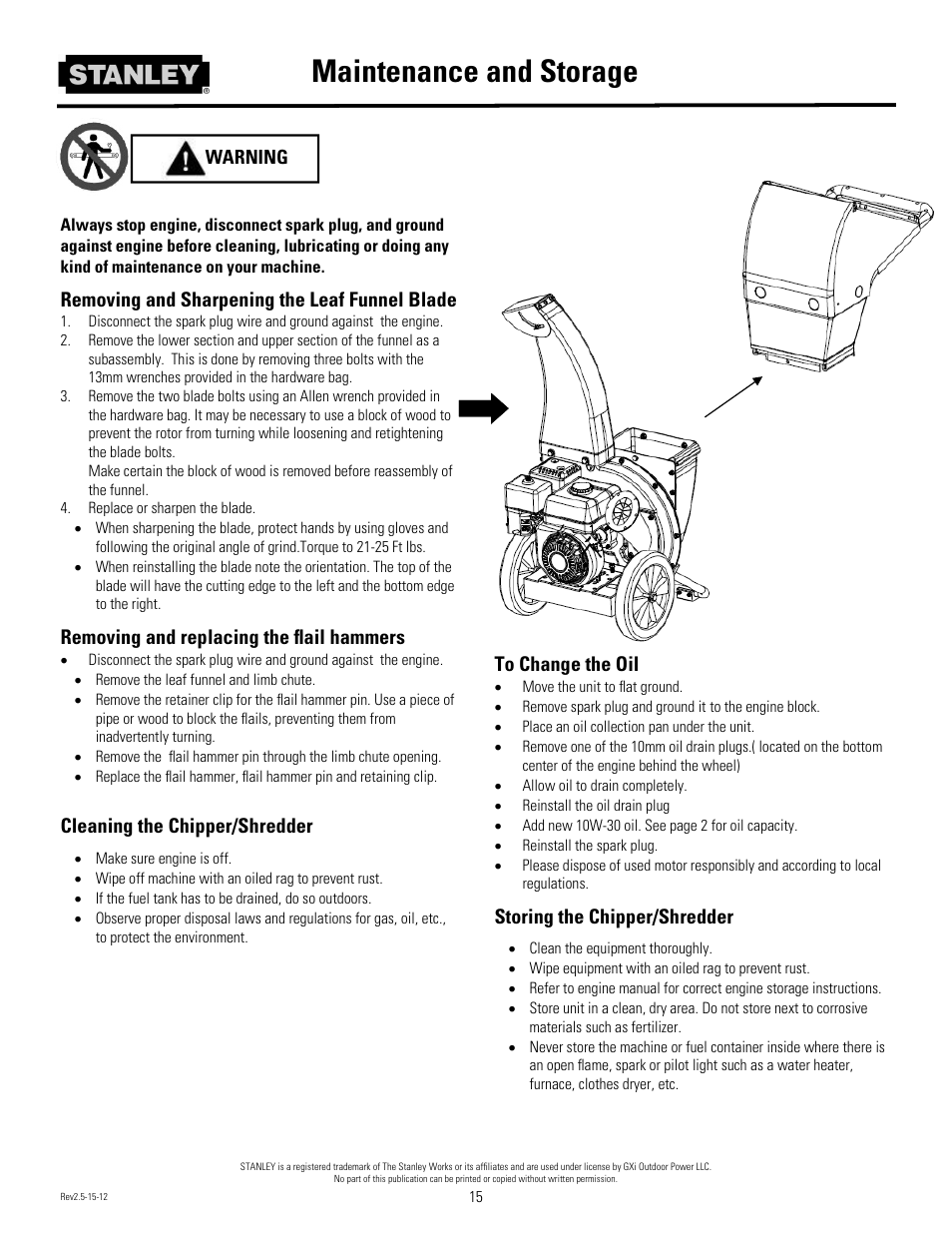 Maintenance and storage, Removing and sharpening the leaf funnel blade, Removing and replacing the ﬂail hammers | Cleaning the chipper/shredder, Storing the chipper/shredder | Stanley Black & Decker Stanley Chipper/Shredder With 2-Way Feed CH2 User Manual | Page 18 / 20