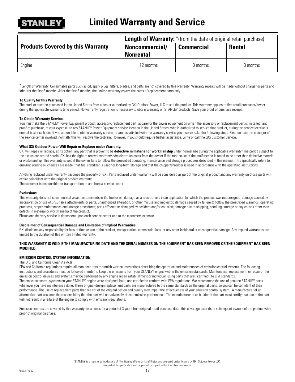 Limited warranty and service | Stanley Black & Decker Stanley Chipper/Shredder With 2-Way Feed CH2 User Manual | Page 20 / 20