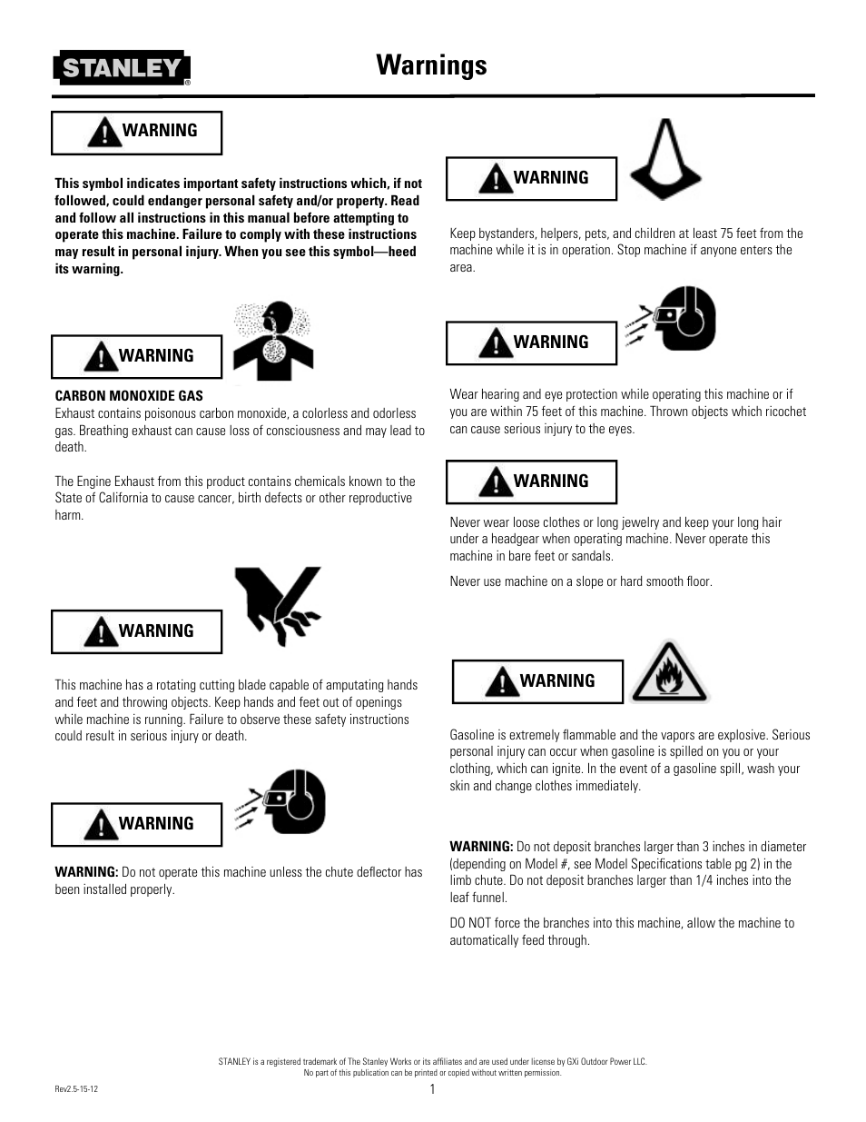 Warnings, Warning | Stanley Black & Decker Stanley Chipper/Shredder With 2-Way Feed CH2 User Manual | Page 4 / 20