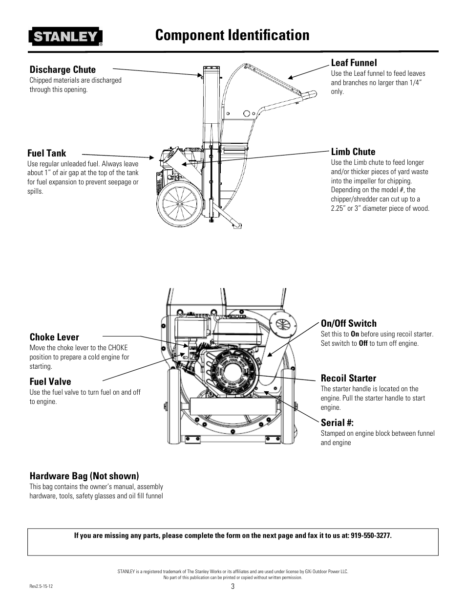 Component identiﬁcation | Stanley Black & Decker Stanley Chipper/Shredder With 2-Way Feed CH2 User Manual | Page 6 / 20