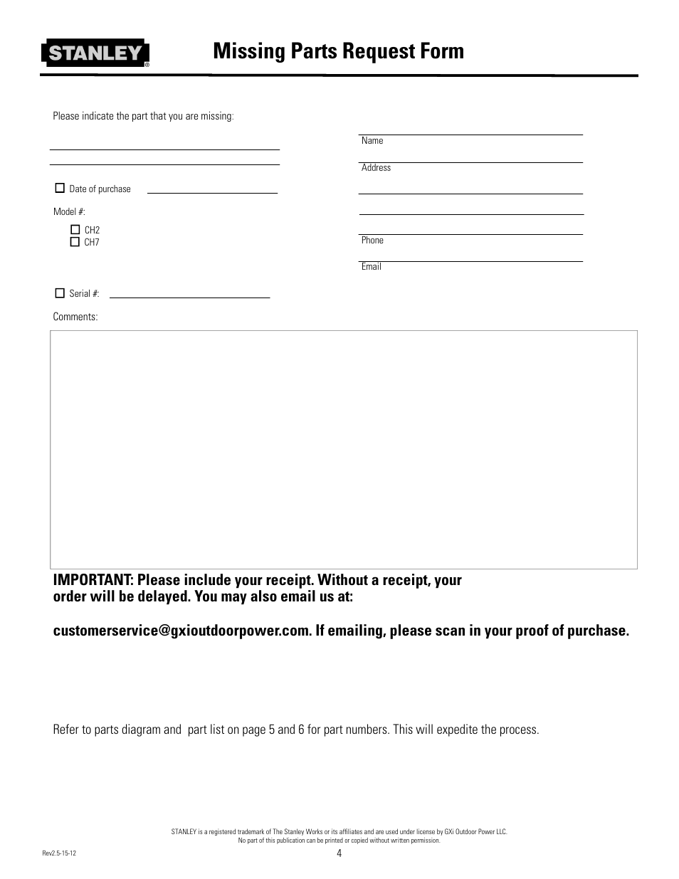 Missing parts request form | Stanley Black & Decker Stanley Chipper/Shredder With 2-Way Feed CH2 User Manual | Page 7 / 20