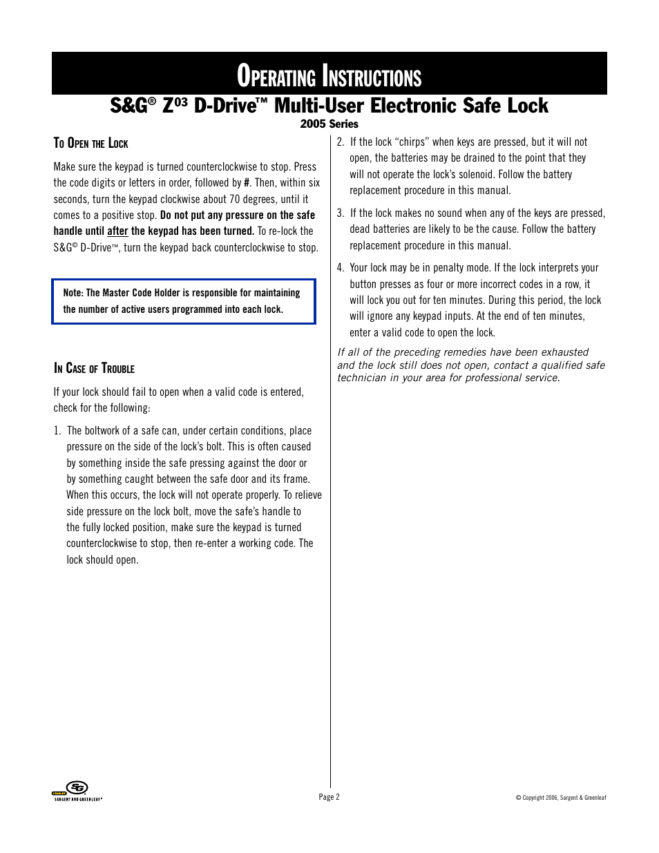 Perating, Nstructions, D-drive | Multi-user electronic safe lock | Stanley Black & Decker 2005 Series User Manual | Page 2 / 12