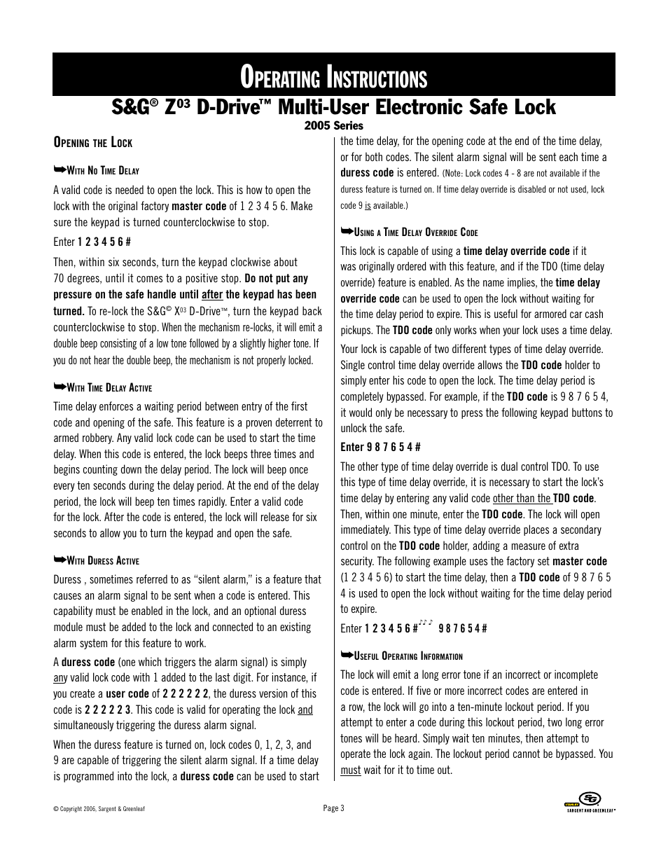 Perating, Nstructions, D-drive | Multi-user electronic safe lock | Stanley Black & Decker 2005 Series User Manual | Page 3 / 12