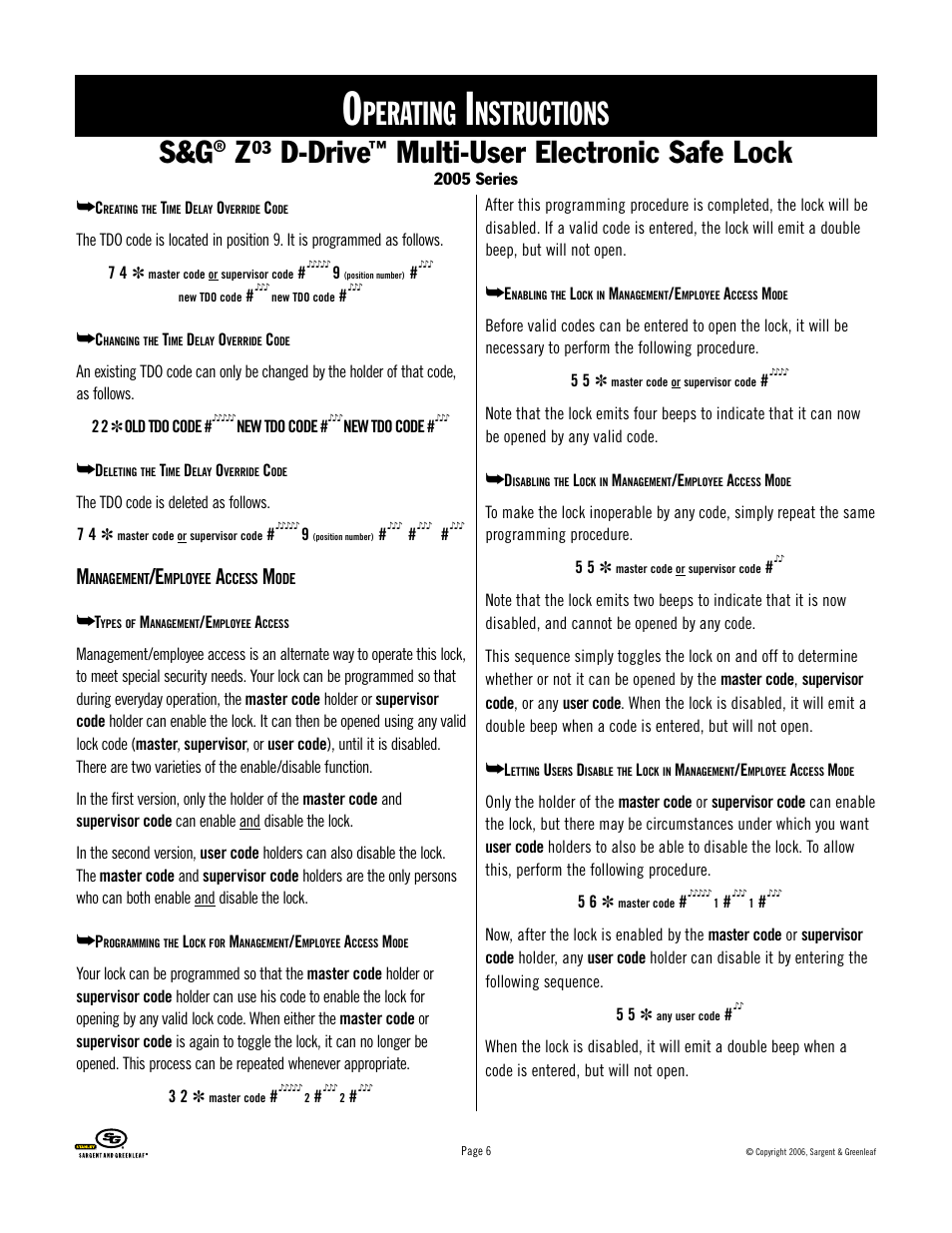 Perating, Nstructions, D-drive | Multi-user electronic safe lock | Stanley Black & Decker 2005 Series User Manual | Page 6 / 12