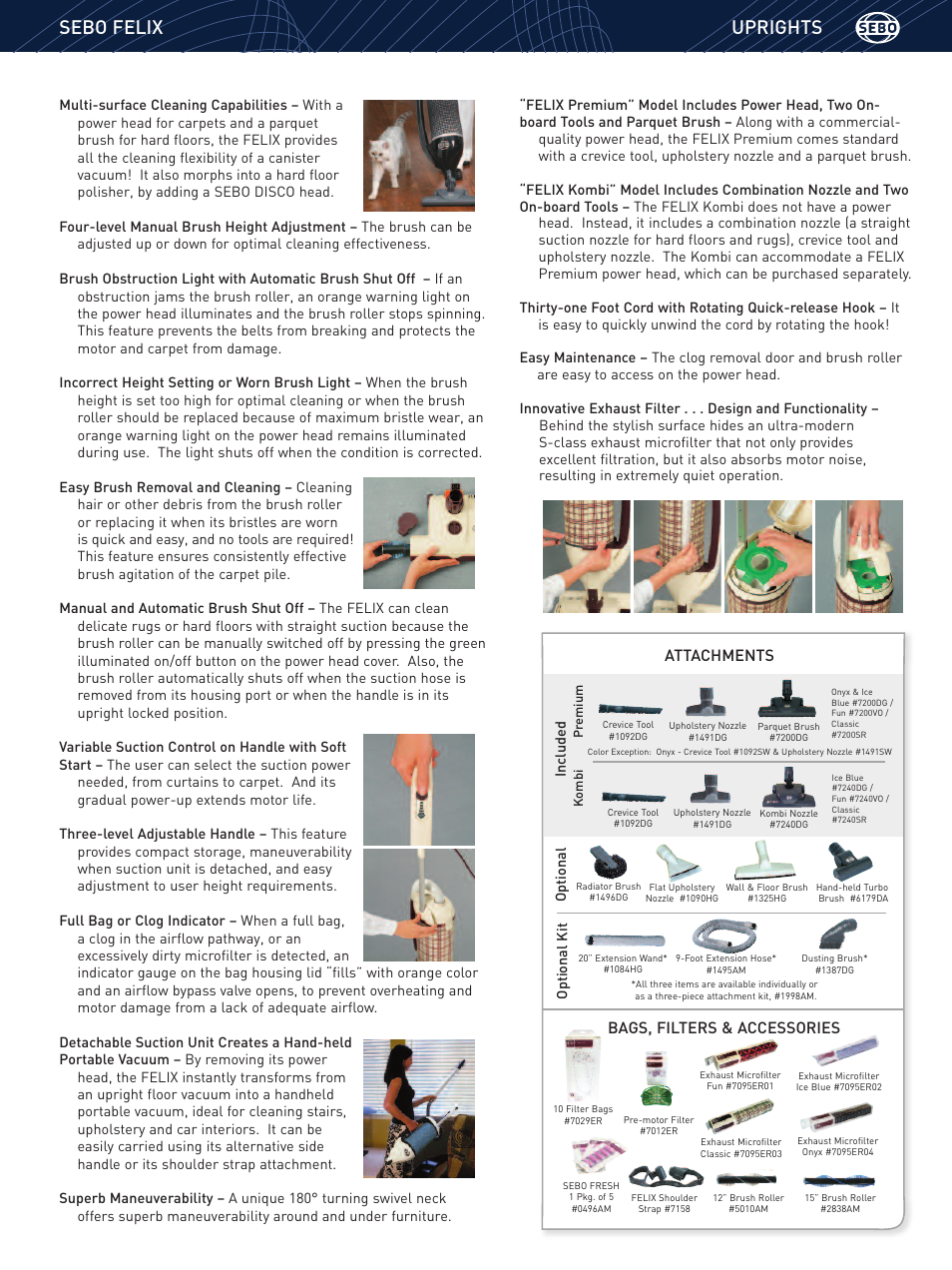 Uprights sebo felix, Attachments, Bags, filters & accessories | Sebo Felix 9806AM User Manual | Page 3 / 4