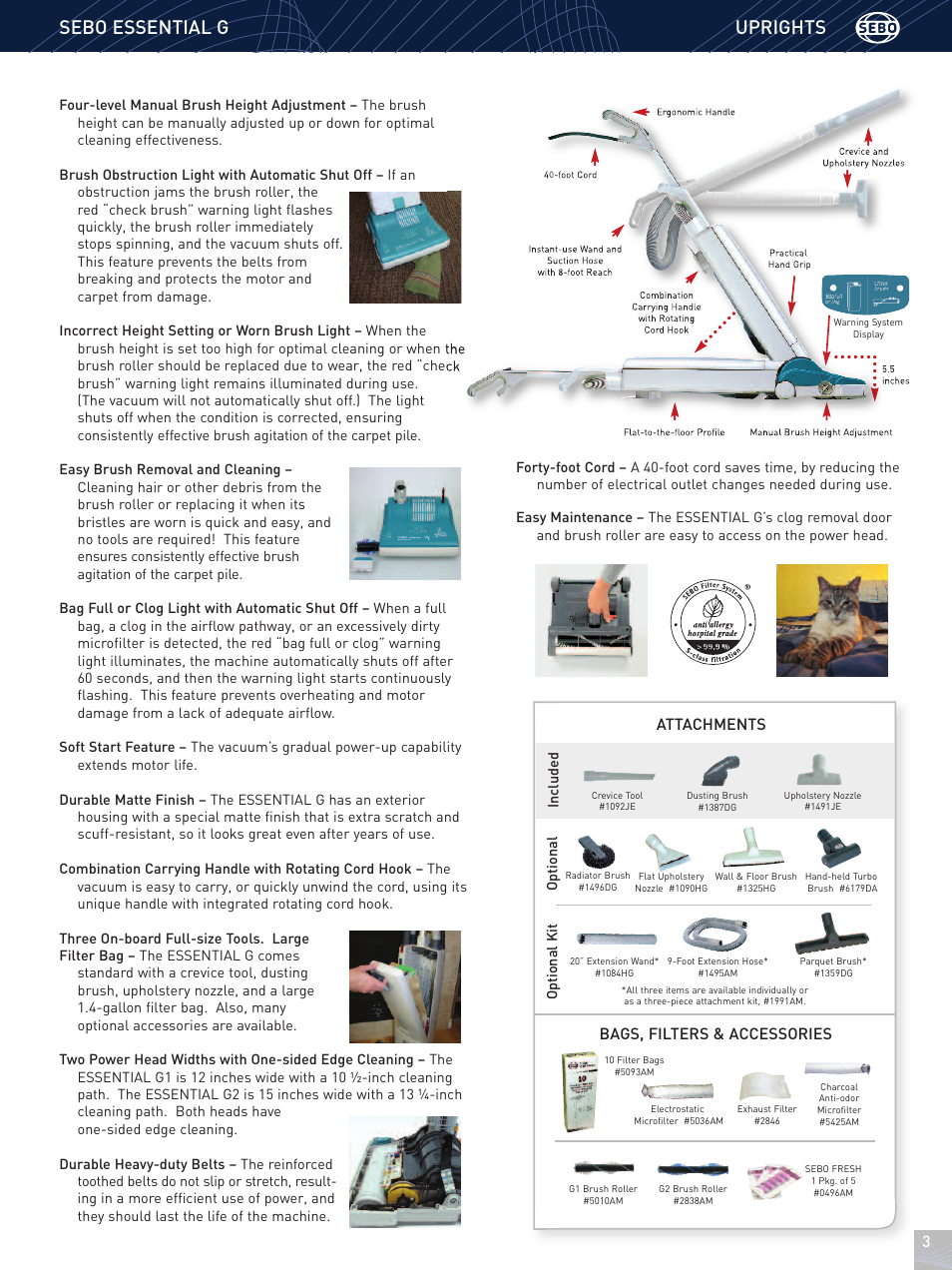 Uprights sebo essential g, Attachments, Bags, filters & accessories | Sebo ESSENTIAL G 9591AT User Manual | Page 3 / 4