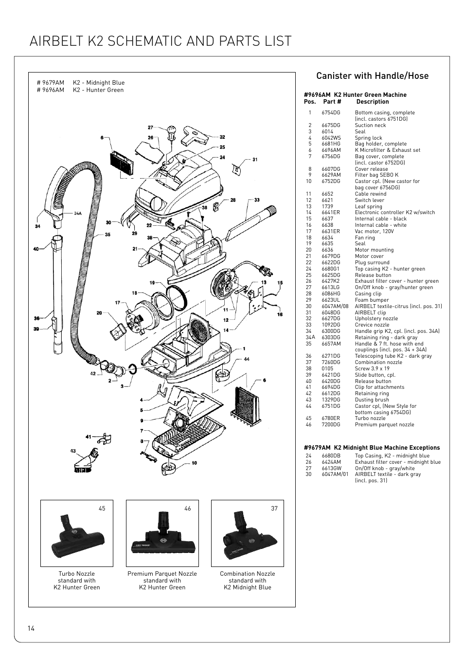 Airbelt k2 schematic and parts list, Canister with handle/hose | Sebo Airbelt K3 User Manual | Page 14 / 16