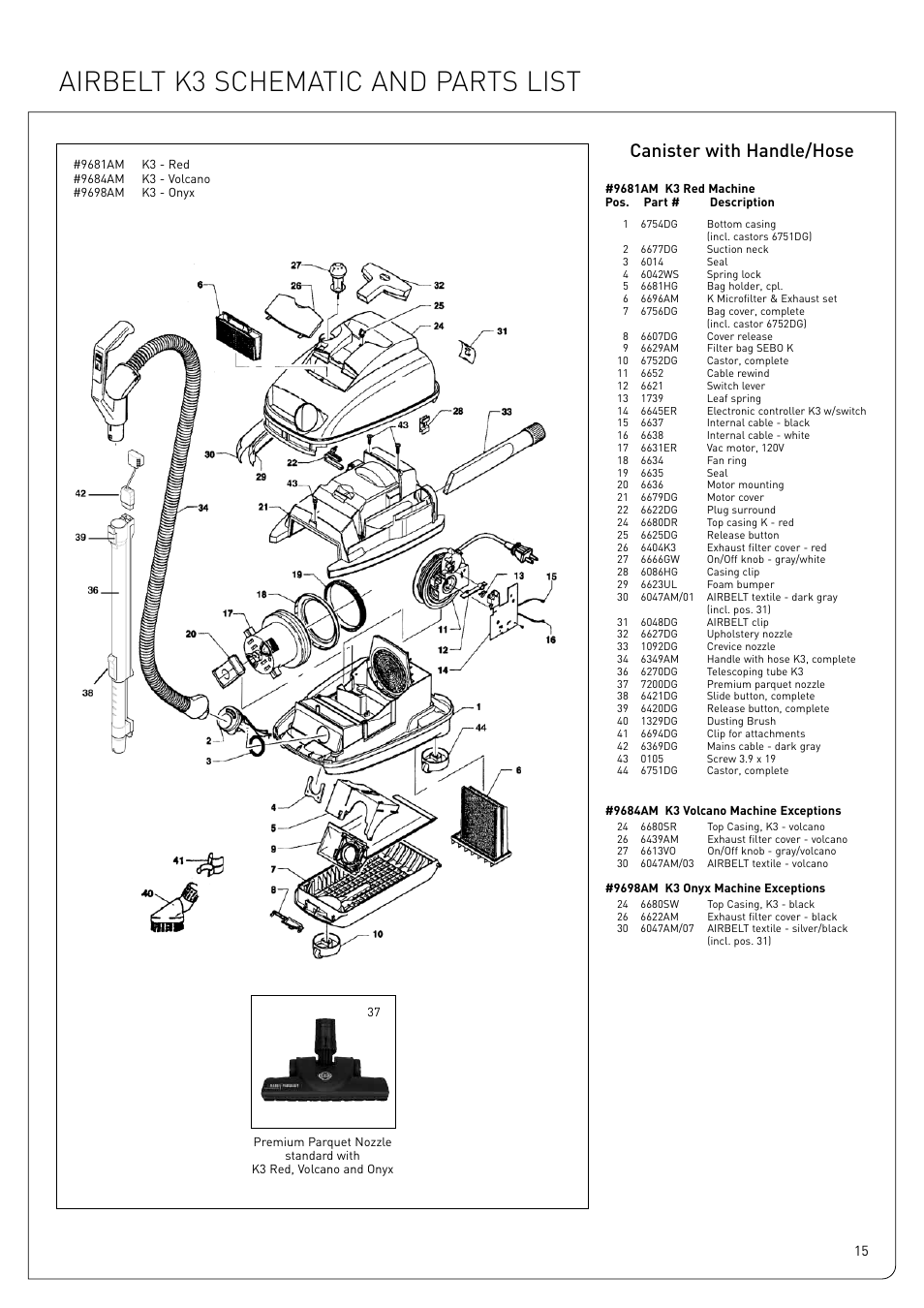 Airbelt k3 schematic and parts list, Canister with handle/hose | Sebo Airbelt K3 User Manual | Page 15 / 16