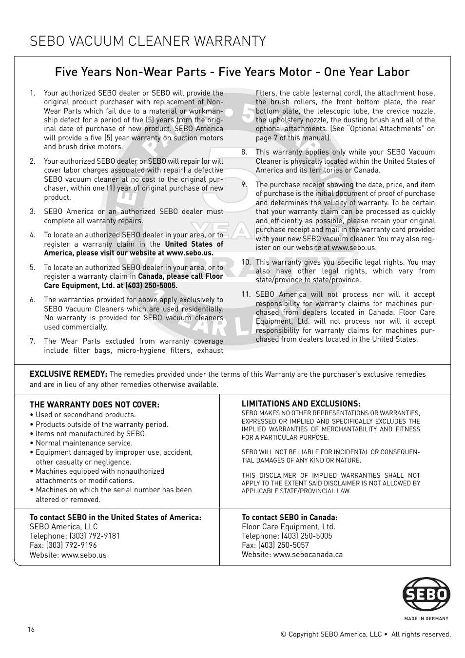Sebo vacuum cleaner warranty | Sebo Airbelt K3 User Manual | Page 16 / 16