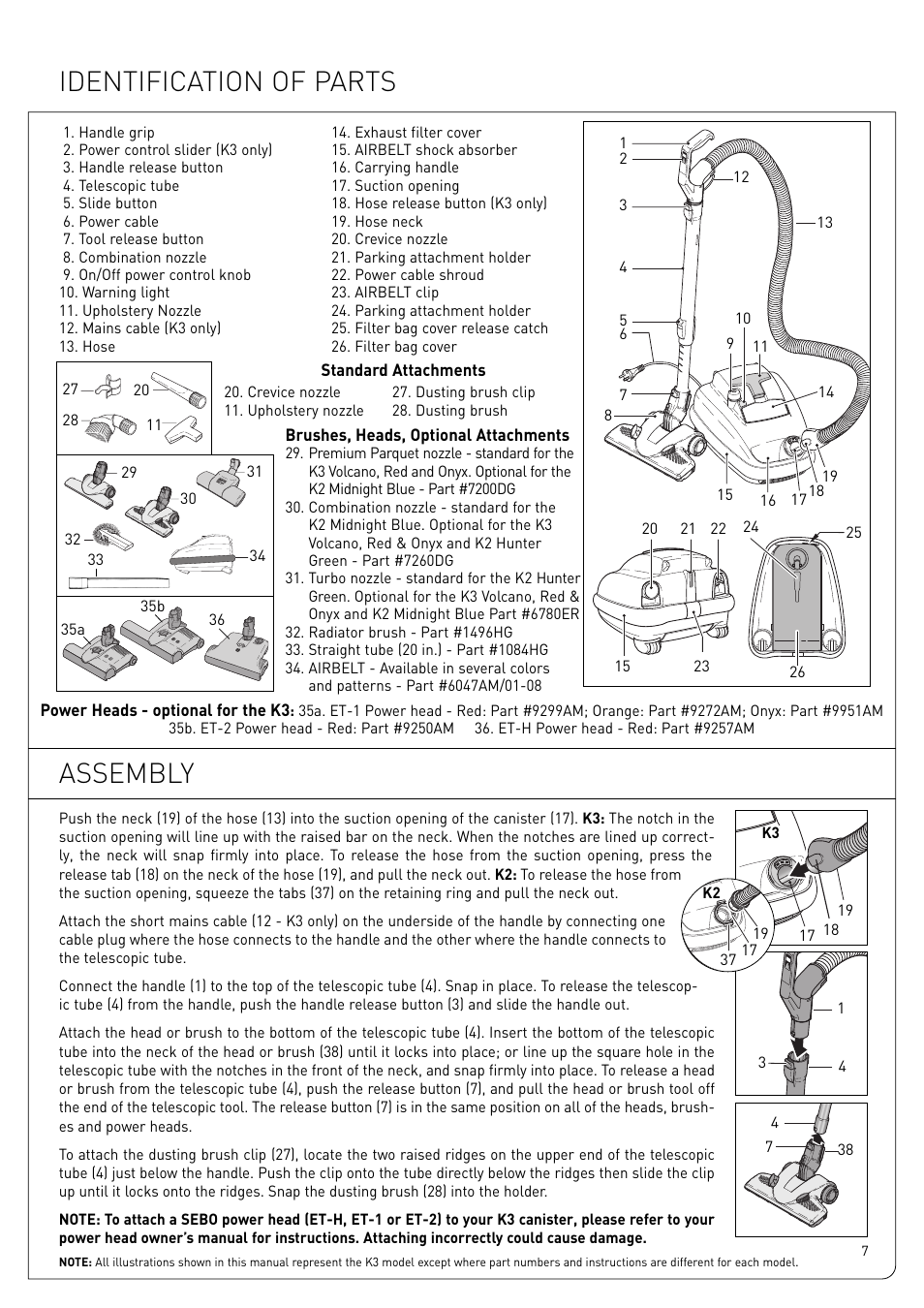 Identification of parts, Assembly | Sebo Airbelt K3 User Manual | Page 7 / 16