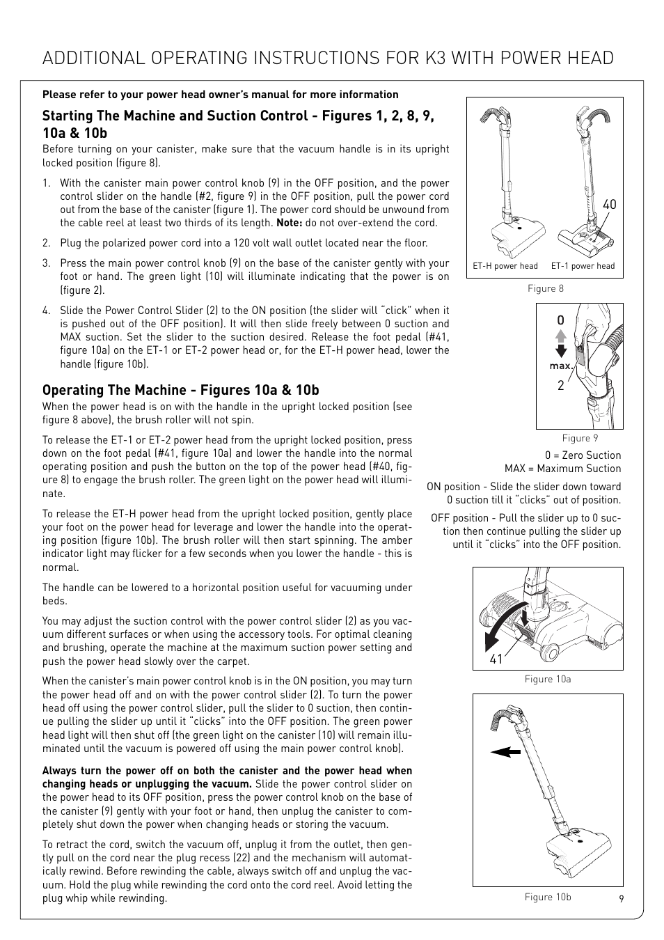 Operating the machine - figures 10a & 10b | Sebo Airbelt K3 User Manual | Page 9 / 16