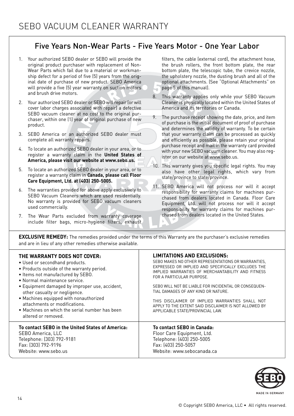 Sebo vacuum cleaner warranty | Sebo Airbelt K User Manual | Page 14 / 14