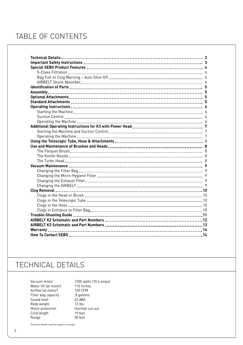 Table of contents technical details | Sebo Airbelt K User Manual | Page 2 / 14