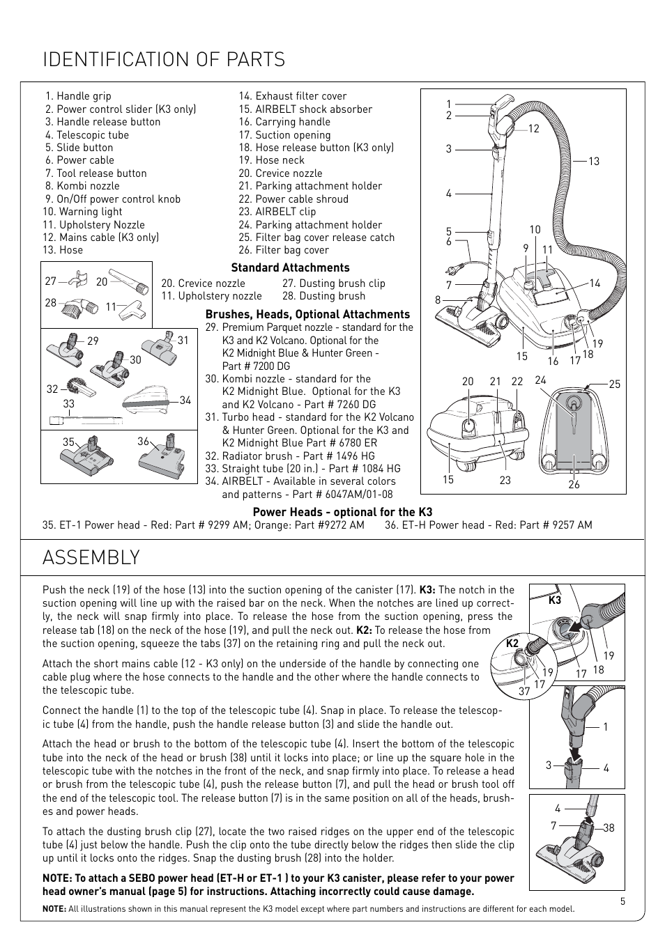 Identification of parts, Assembly | Sebo Airbelt K User Manual | Page 5 / 14