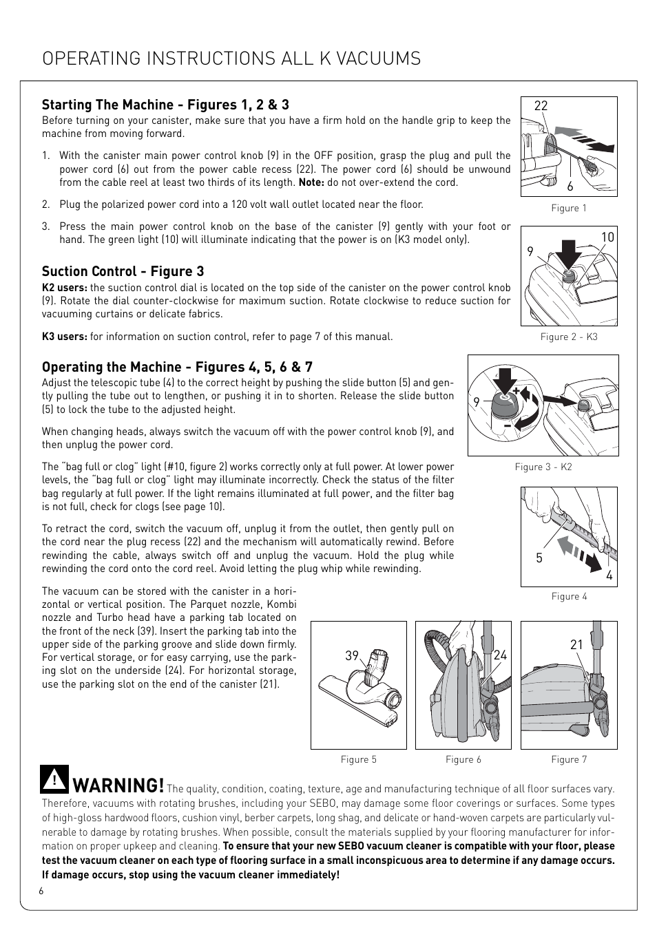 Warning, Operating instructions all k vacuums | Sebo Airbelt K User Manual | Page 6 / 14