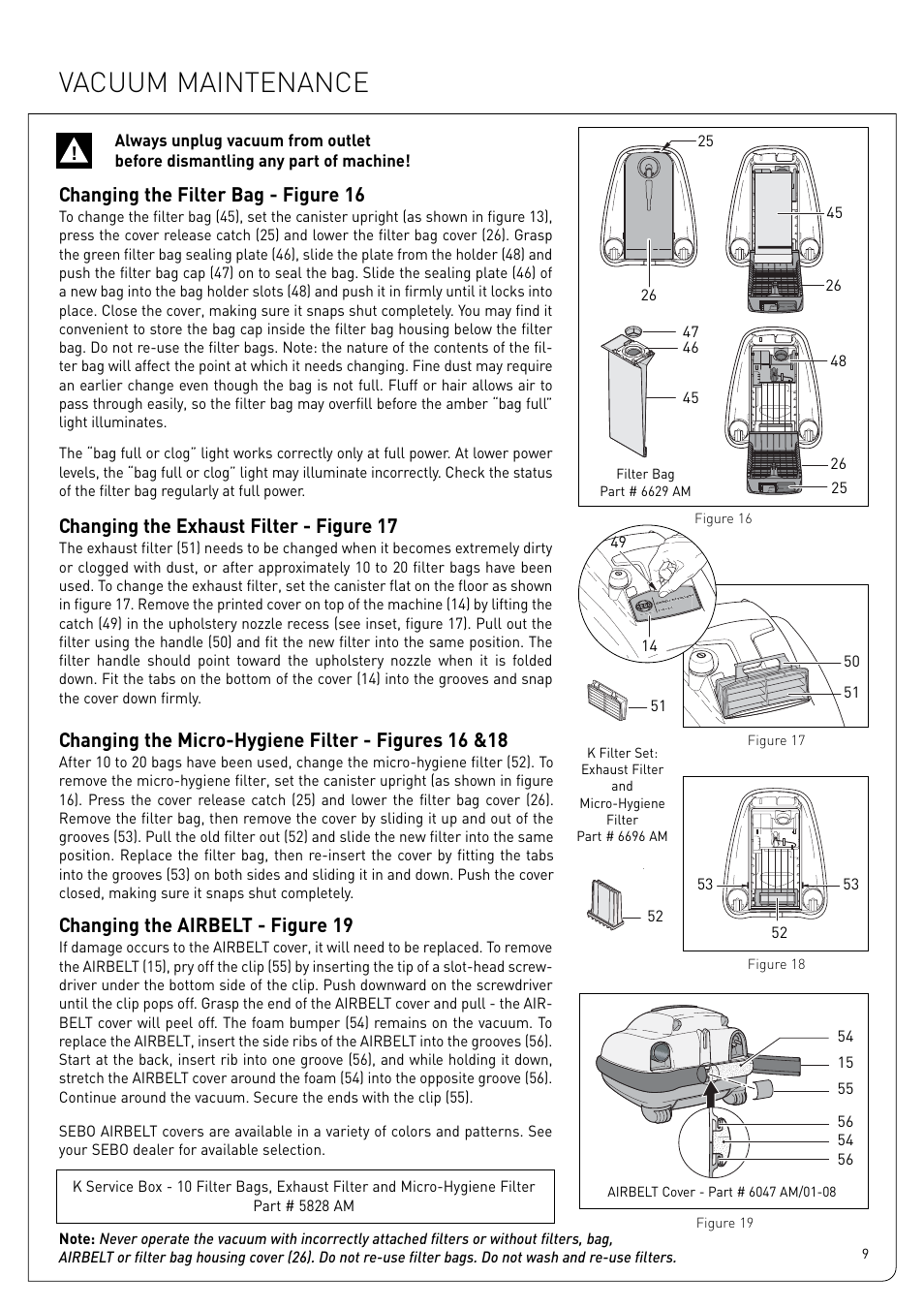 Vacuum maintenance, Changing the filter bag - figure 16, Changing the exhaust filter - figure 17 | Changing the airbelt - figure 19, Changing the micro-hygiene filter - figures 16 &18 | Sebo Airbelt K User Manual | Page 9 / 14