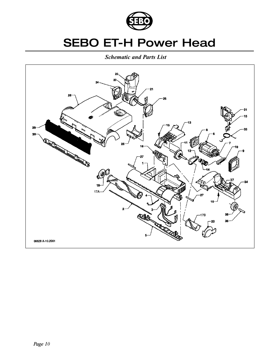 Sebo et-h power head, Schematic and parts list, Page 1 page 10 | Sebo ET-H User Manual | Page 10 / 12