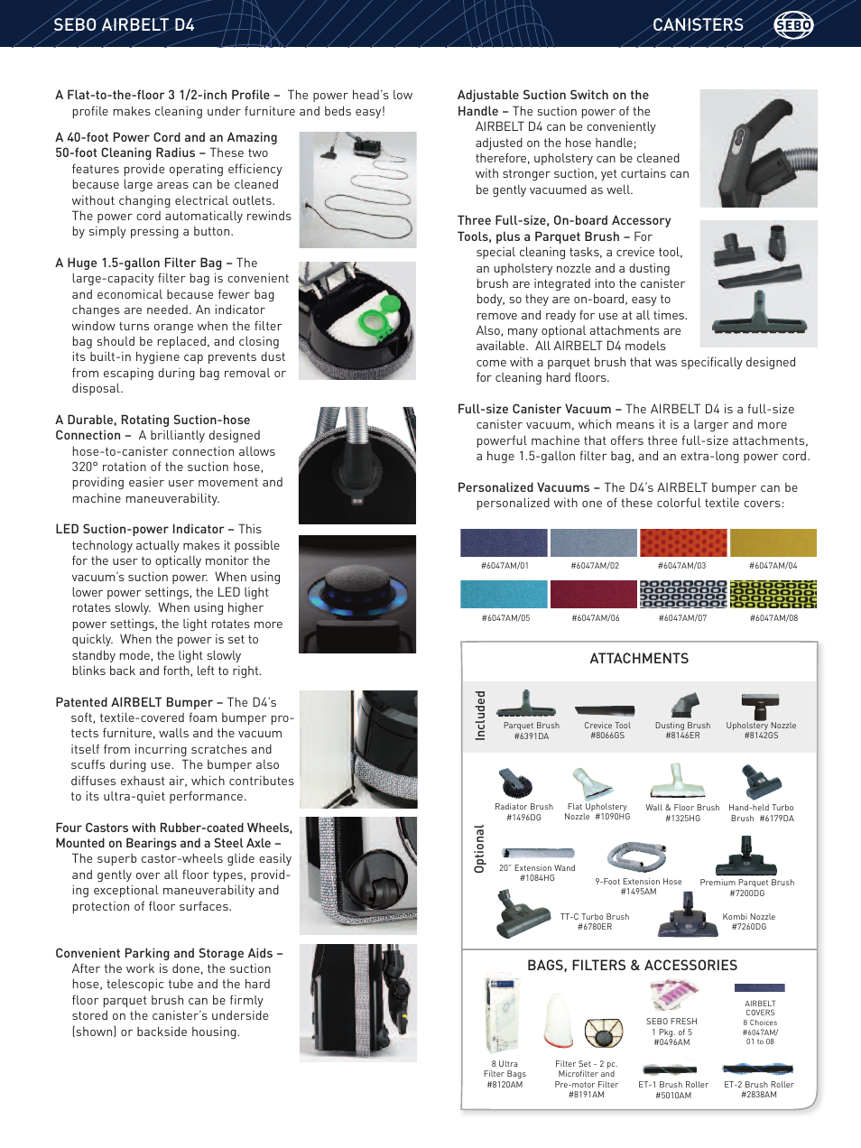 Canisters, Sebo airbelt d4, Attachments | Bags, filters & accessories | Sebo AIRBELT D4 90640AM User Manual | Page 3 / 4