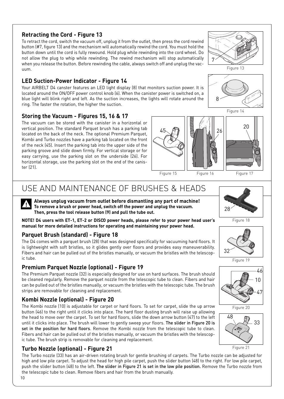 Use and maintenance of brushes & heads, Parquet brush (standard) - figure 18, Premium parquet nozzle (optional) - figure 19 | Kombi nozzle (optional) - figure 20, Turbo nozzle (optional) - figure 21, Retracting the cord - figure 13, Led suction-power indicator - figure 14 | Sebo Airbelt D User Manual | Page 10 / 16