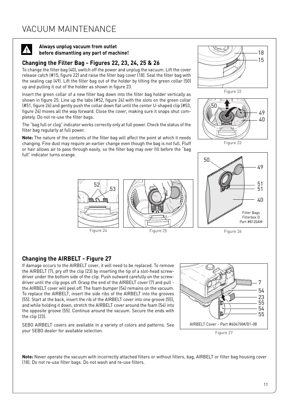 Vacuum maintenance | Sebo Airbelt D User Manual | Page 11 / 16